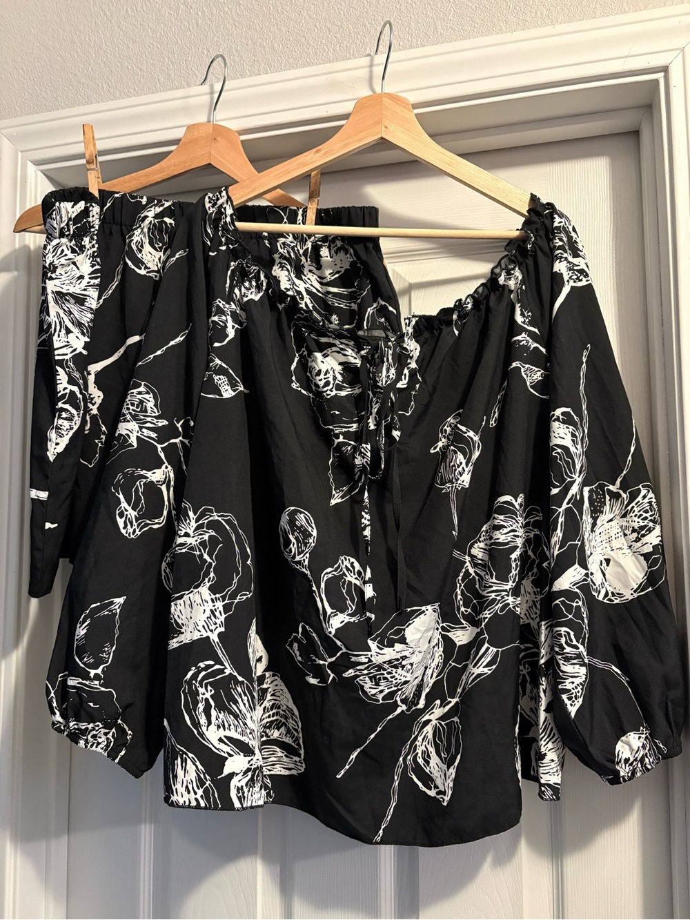 SHEIN Black & White Floral Off-Shoulder Blouse with Matching Shorts Set
